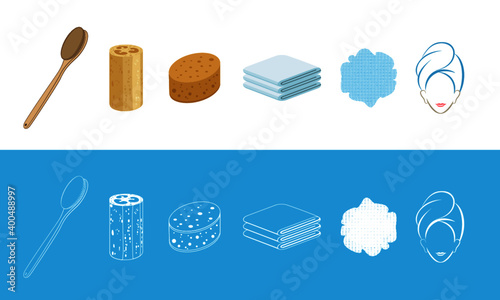 Bath and Shower Supplies Full Set/Kit: Natural Loofah, Faux Sea Sponge, Exfoliating Shower Towel, Bath Pouf, Back Scrubbing Brush, Twist Hair Turban	