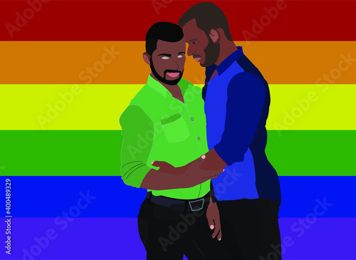 Two gay guys, black and white. LGBT couple and portrait of cute young men looking at each other. Pair of romantic partners on date. Gay relationship.