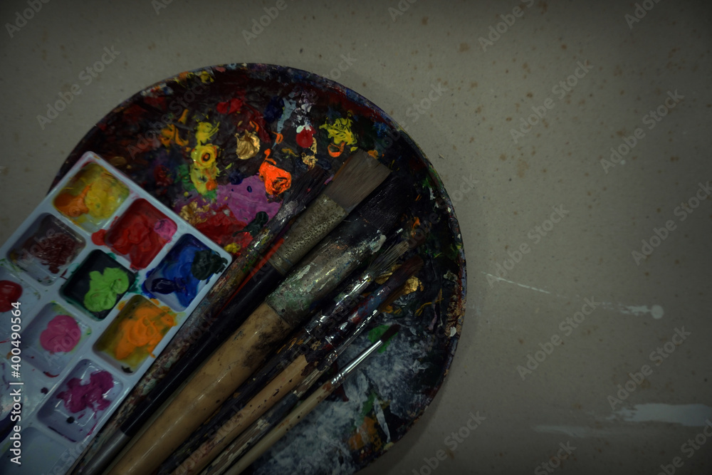  photo of paintbrushes closeup and artist palette from thailand , Equipment for painting ,  pigment , Tray , art supply