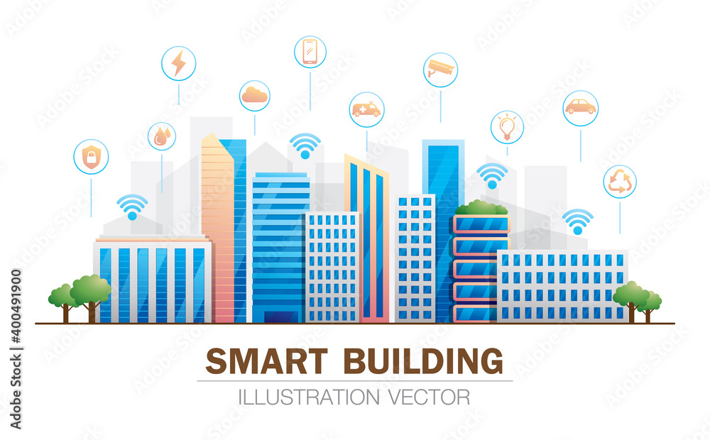 Smart buildings illustration vector with smart service icons.