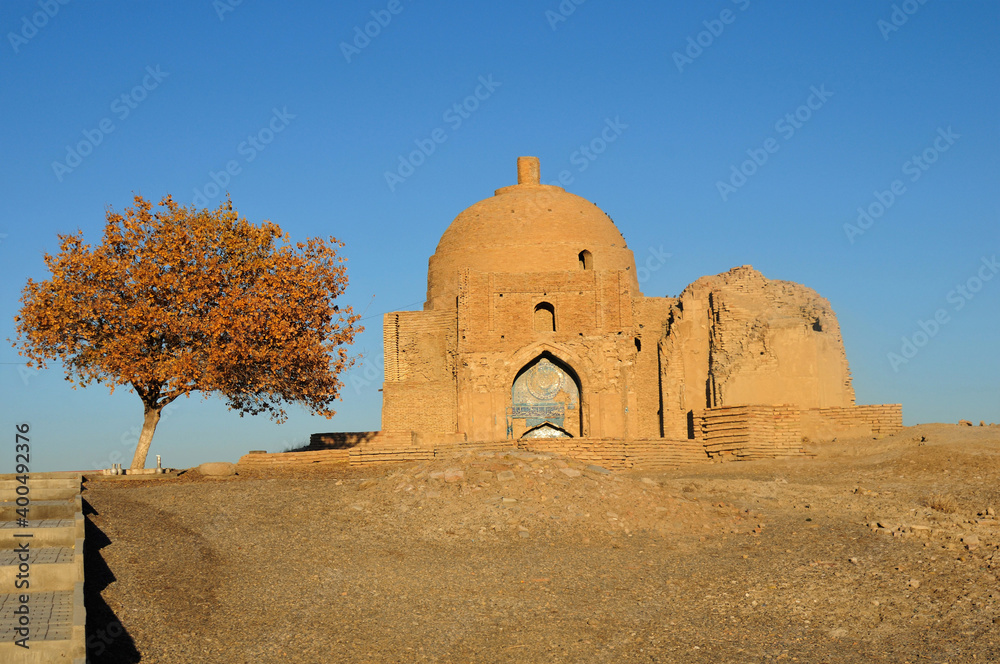 Abu Said Meyheney Mausoleum was built in the 11th century during the Great Seljuk period. The tile and brick decorations in the tomb are striking. Ahal, Turkmenistan. Abu Said Meyheney Mausoleum was built in the 11th century during the Great Seljuk period. The tile and brick decorations in the tomb are striking. Ahal, Turkmenistan.