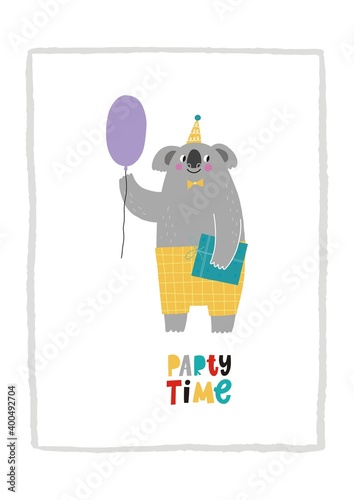 Fototapeta Naklejka Na Ścianę i Meble -  Cute happy birthday card with funny animals. Happy Birthday animas vector print. Cartoon character bird, koala, bear, lion,  crocodile