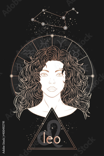 Gold astrology card. Zodiac sign Leo, constellation and beautiful woman portrait on a dark background with horoscope circle. Gold astrology card.