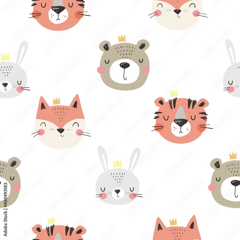 Obraz premium Cute cartoon animals face - fox,bunny, bear, tiger. Hand drawn animals seamless pattern for baby