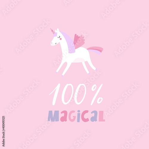 Handwritten lettering with a unicorn. Vector hand drawn quote - Magical