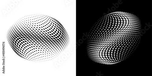 Halftone circle dots curved gradient texture background. 3d logo. Curve dotted emblem using halftone pattern circle dot raster texture. Vector blot half tone.