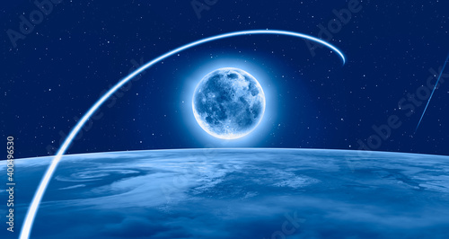 Fotografia Trip to the moon (lunar) concept - Long exposure night time rocket launch, falli