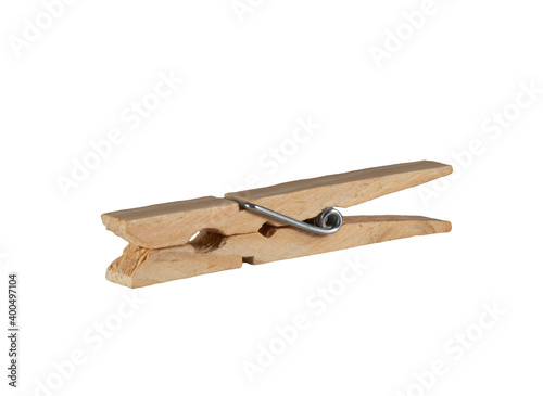Wooden clothespin, isolated on white background.