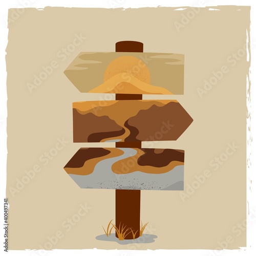 Advertising banner pointer. Direction tourists. Information shows way. Hiking vector illustration in cartoon style.