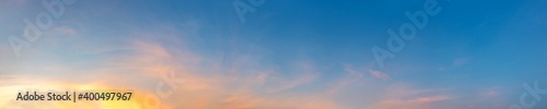 Dramatic panorama sky with cloud on sunrise and sunset time. Panoramic image...