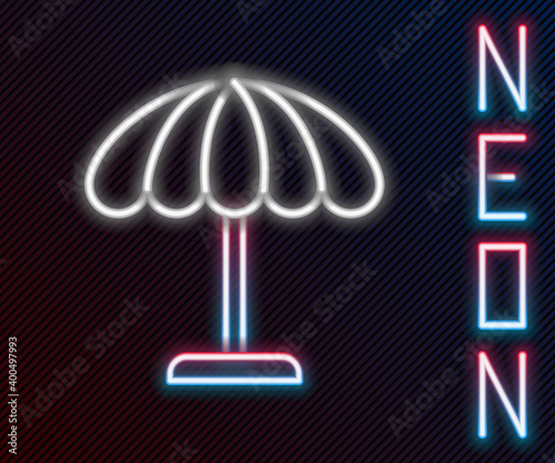 Glowing neon line Sun protective umbrella for beach icon isolated on black background. Large parasol for outdoor space. Beach umbrella. Colorful outline concept. Vector Illustration