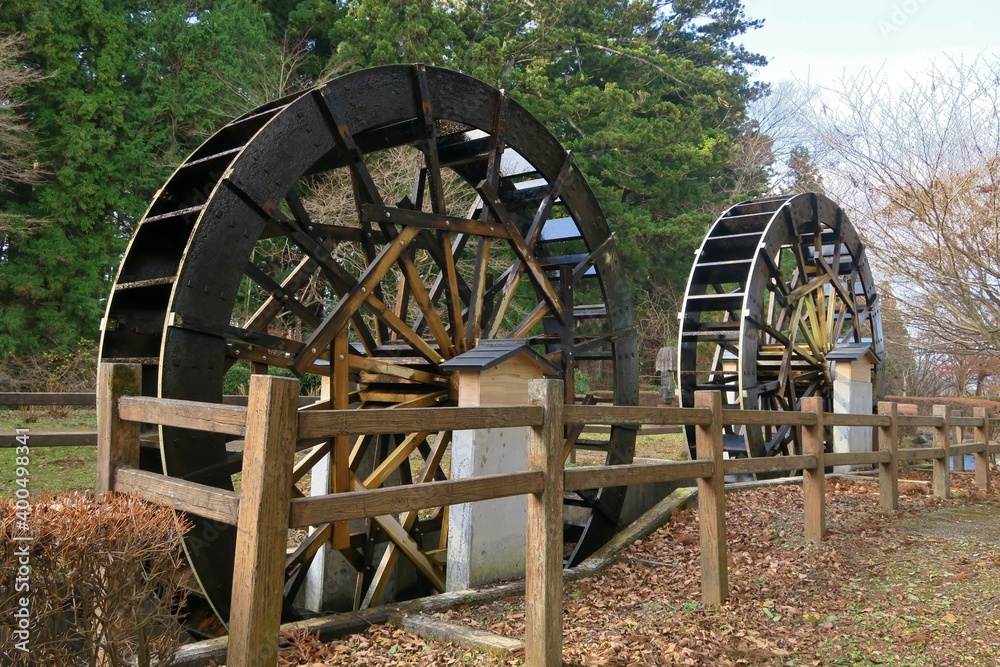 Waterwheels near Kamiimaichi station in Nikko, Tochigi, Japan. December 10, 2020 Waterwheels near Kamiimaichi station in Nikko, Tochigi, Japan. December 10, 2020