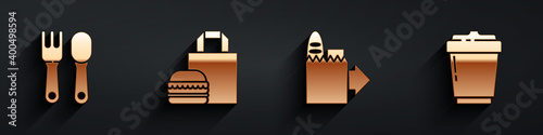 Set Fork and spoon, Online ordering burger delivery, Online ordering and delivery and Coffee cup to go icon with long shadow. Vector