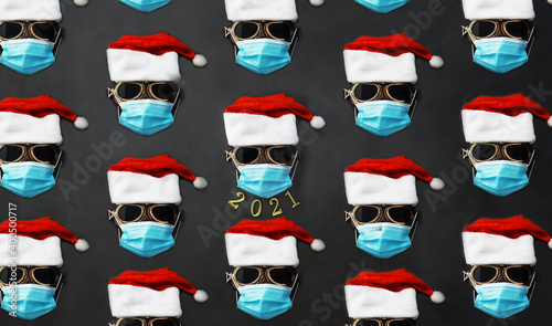 Santa Claus hat, glasses and nose with face mask on red background. Christmas or New Year celebration concept. Free Download Santa Claus hat, glasses and nose with face mask on red background. Christmas or New Year celebration concept. - GFXLoad