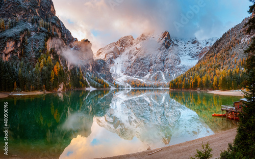 Attractive view of most famous alpine lake Braies (Pragser Wildsee).