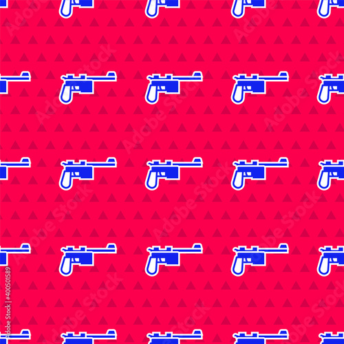 Blue Mauser gun icon isolated seamless pattern on red background. Mauser C96 is a semi-automatic pistol.  Vector.