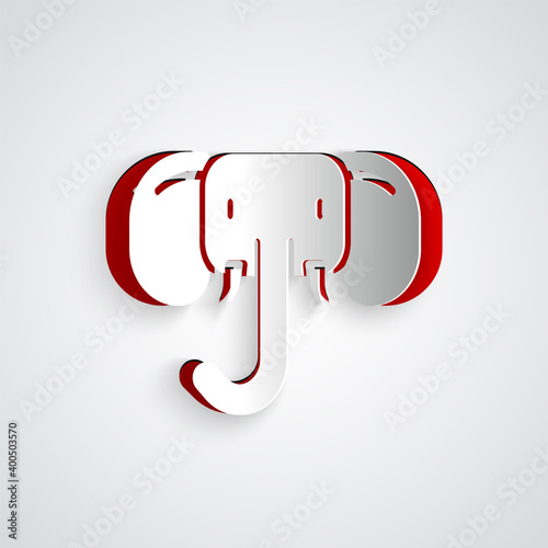 Paper cut Elephant icon isolated on grey background. Paper art style. Vector.