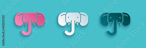 Paper cut Elephant icon isolated on blue background. Paper art style. Vector.