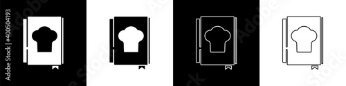 Set Cookbook icon isolated on black and white background. Cooking book icon. Recipe book. Fork and knife icons. Cutlery symbol.  Vector.