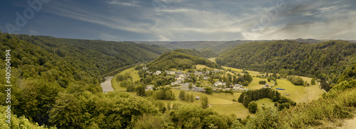 Panorama view on Frahan and Semois river from viewpoint Rochehaut, Bouillon, Wallonia, Belgium. Horseshoe bend. Province of Luxembourg