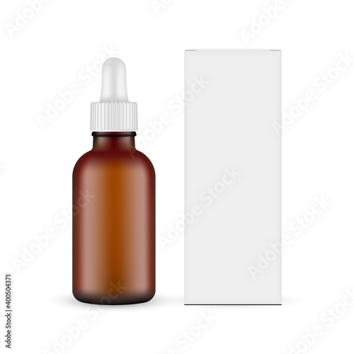 Frosted Dark Glass Dropper Bottle With Packaging Box Mockup, Front View, Isolated on White Background. Vector Illustration