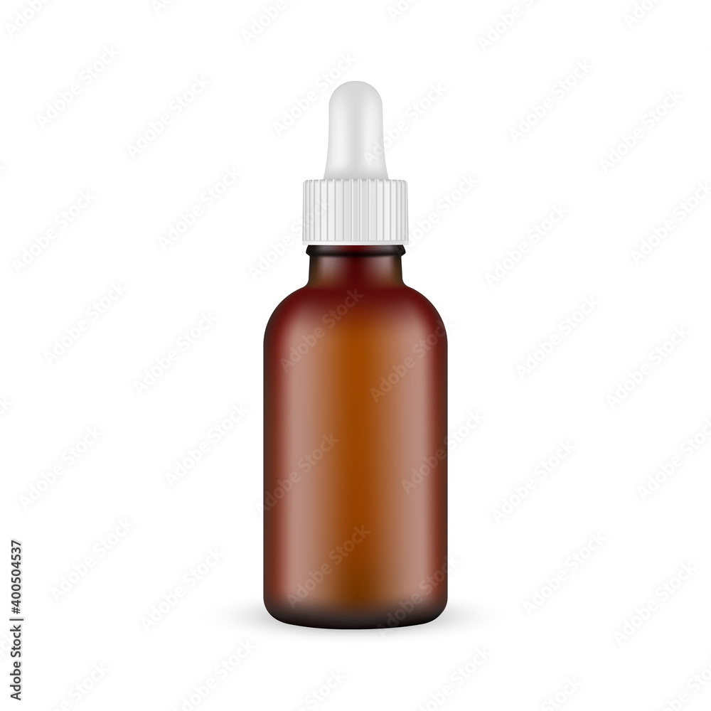 Blank Frosted Dark Glass Dropper Bottle Mockup, Isolated on White Background. Vector Illustration