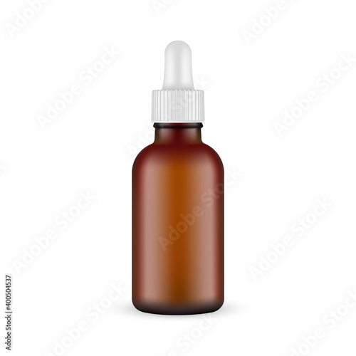 Blank Frosted Dark Glass Dropper Bottle Mockup, Isolated on White Background. Vector Illustration