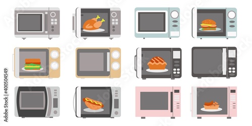 Microwave and food set Flat vector illustration