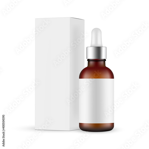 Frosted Dark Glass Dropper Bottle Mockup With Metal Cap, Blank Label, Cardboard Pack Box Side View, Isolated on White Background. Vector Illustration