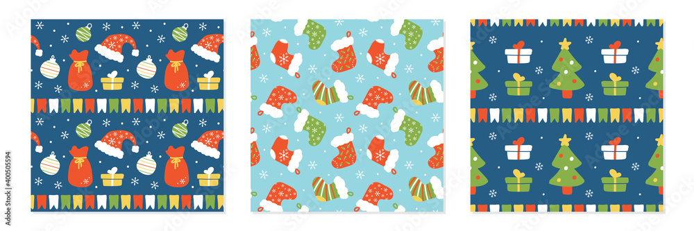 Set, collection of vector seamless pattern backgrounds with christmas trees, santa hats, christmas stockings and gifts.
