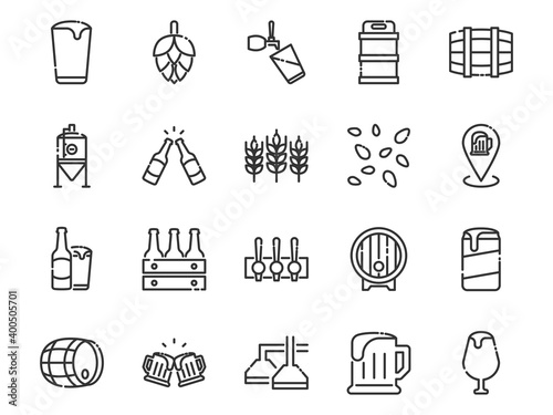 set of beer thin line icons, celebration, party, bar, drinks