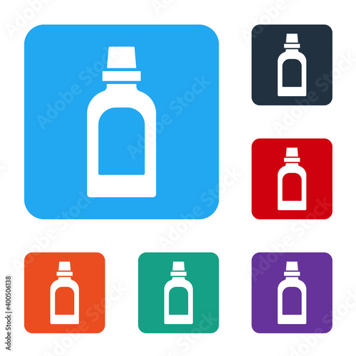 White Plastic bottle for laundry detergent, bleach, dishwashing liquid or another cleaning agent icon isolated on white background. Set icons in color square buttons. Vector.