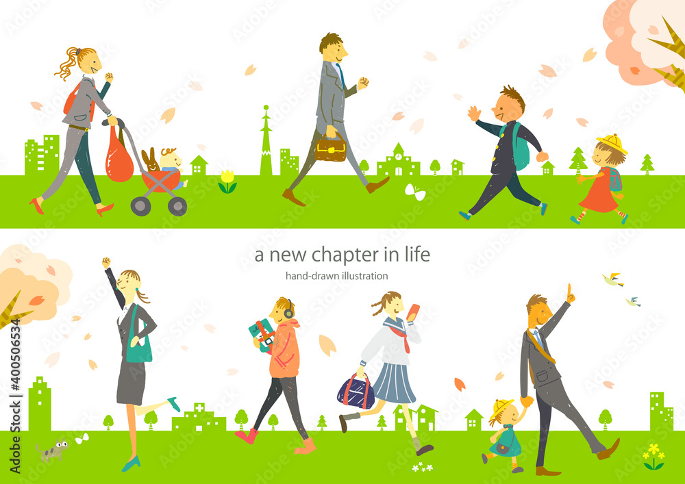 おしゃれな手描きの人物イラスト素材セット 春の新生活スタート 桜 Stock Vector Adobe Stock