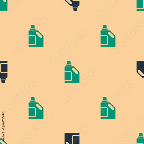 Green and black Plastic bottle for laundry detergent, bleach, dishwashing liquid or another cleaning agent icon isolated seamless pattern on beige background.  Vector.