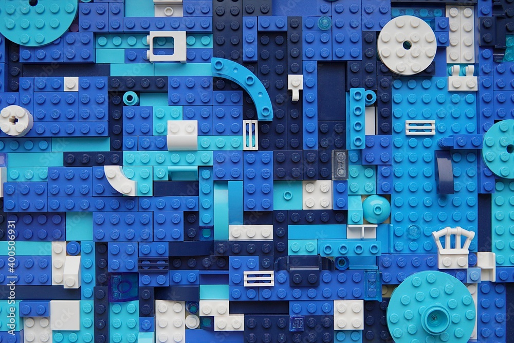 Blue plastic building details mosaic background, lego art, pattern
