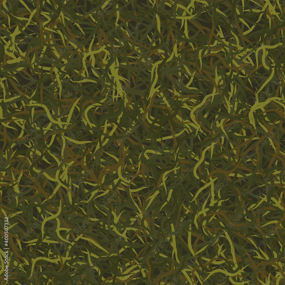 Vector military ghillie camouflage seamless pattern with grass and leaves