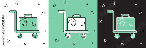 Set Hotel luggage cart with suitcase icon isolated on white and green, black background. Traveling baggage sign. Travel luggage icon.  Vector.