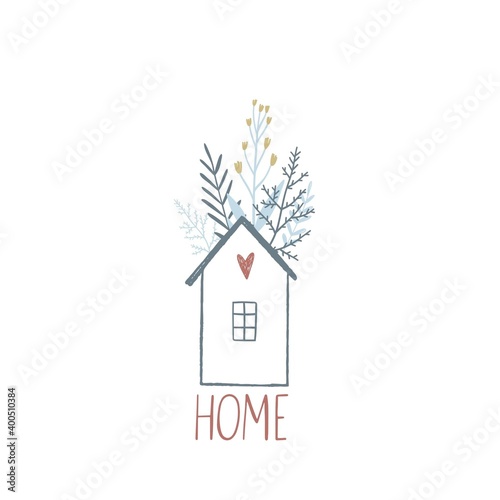 Handdrawn house and wildflowers. Wild flowers in a modern style. Flat illustration for home decor and textile.