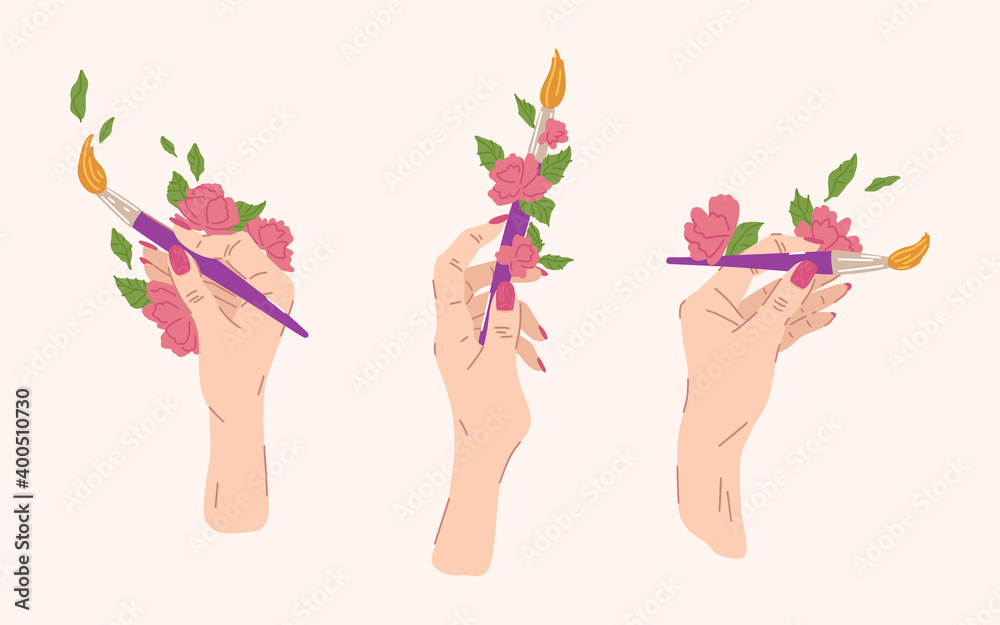 Hobby drawing, the hand of the artist with brush, a woman's hand holds a brush, the process of creativity. Vector illustration. Print or sticker, design element. Hobby drawing, the hand of the artist with brush, a woman's hand holds a brush, the process of creativity. Vector illustration. Print or sticker, design element.