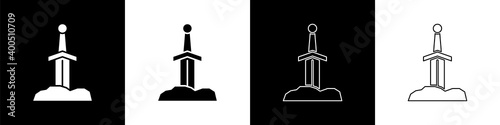 Set Sword in the stone icon isolated on black and white background. Excalibur the sword in the stone from the Arthurian legends.  Vector.