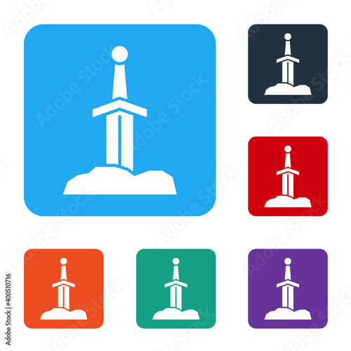 White Sword in the stone icon isolated on white background. Excalibur the sword in the stone from the Arthurian legends. Set icons in color square buttons. Vector.