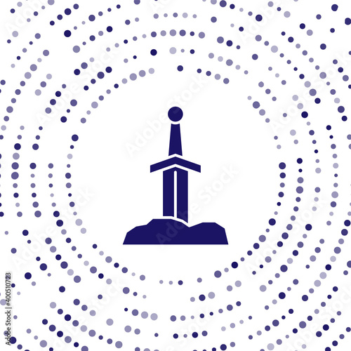 Blue Sword in the stone icon isolated on white background. Excalibur the sword in the stone from the Arthurian legends. Abstract circle random dots. Vector.
