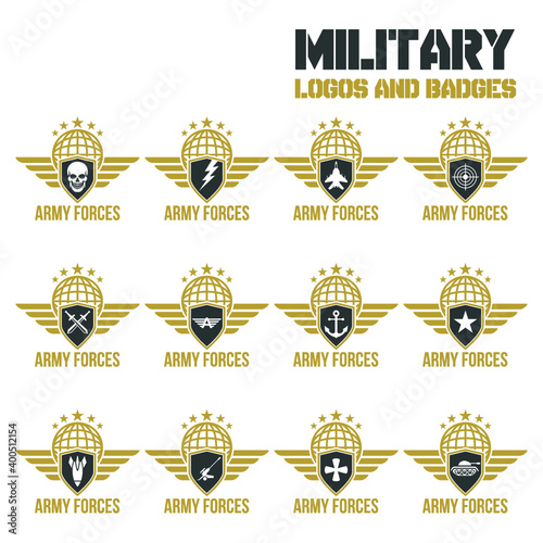 Military emblems set isolated vector illustration. Army logo collection