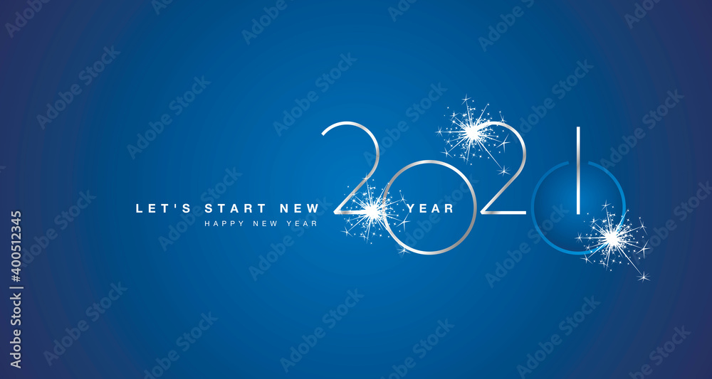 Naklejka Rozpocznij nowy rok 2021 nowoczesny design srebrny lśniące światło typografia blask fajerwerki szczęśliwego nowego roku 2021 przycisk start niebieski baner tła