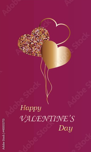 Greeting card with golden hearts. Valentine holiday design. Deep pink background. photo