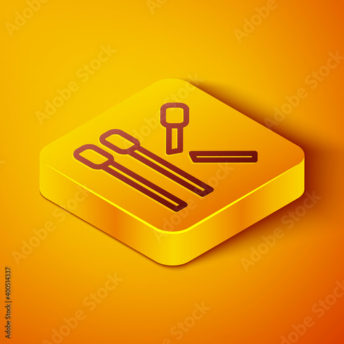 Isometric line Matches icon isolated on orange background. Yellow square button. Vector.