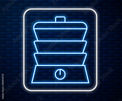 Glowing neon line Slow cooker icon isolated on brick wall background. Electric pan.  Vector.