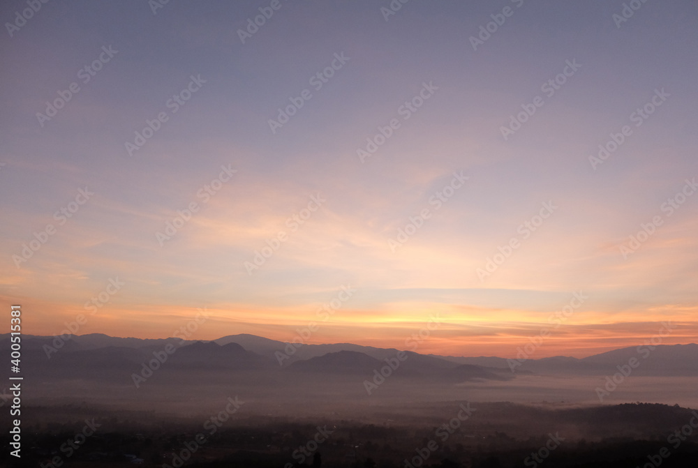 sunrise over the mountains vanilla sky and fog. sunrise over the mountains vanilla sky and fog.