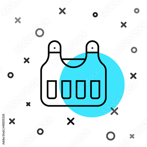 Black line Bulletproof vest for protection from bullets icon isolated on white background. Body armor sign. Military clothing. Random dynamic shapes. Vector.