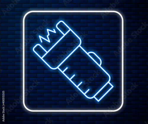 Glowing neon line Police electric shocker icon isolated on brick wall background. Shocker for protection. Taser is an electric weapon.  Vector.